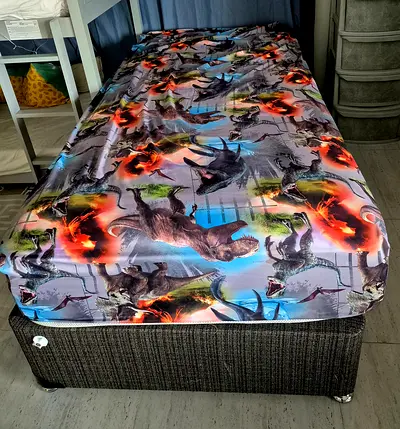 Single Bed Base with Dinosaur Themed Mattress Topper - Good Condition