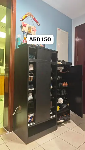 Custom built, Black Wooden Shoe Cabinet with Multiple Shelves - Good Condition