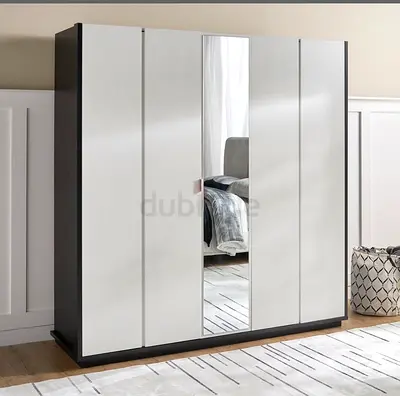 5-Door Wardrobe with Central Mirror - White Dark Wood finish