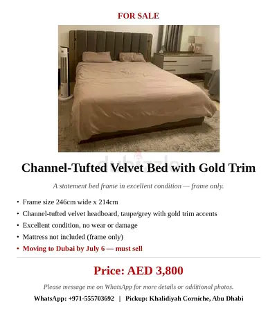 King size bed, side table set and dressing table with mirror and pouf.