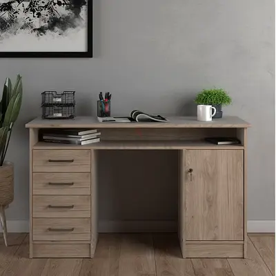 Wooden Office Desk with Drawers and Cabinet - Light Oak Finish