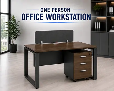 Modern 1 Person Office Workstation – Walnut  Grey Office Table with Pedestal Drawer