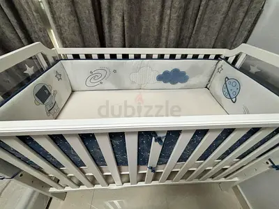 White Baby Crib with Constellation Bumper and Star Decals - never used