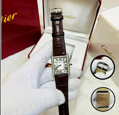 Mastercopy Cartier Tank-style Mens Watch with Brown Leather Strap