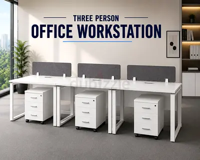 Modern 3 Person Office Workstation – White Office Desk with Pedestal Drawers