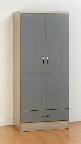 Two-door wardrobe with bottom drawer — light wood frame, grey doors