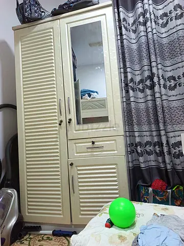 Beige 3-Door Wardrobe with Mirror - Good Condition