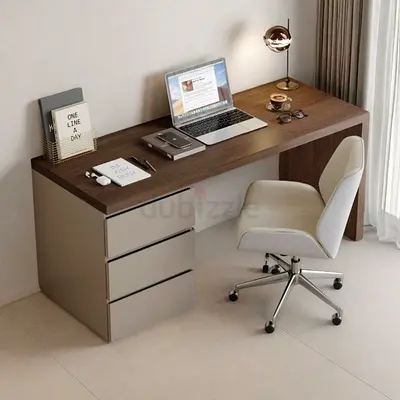 Modern wooden study desk with 3-drawer storage - brown top, beige base