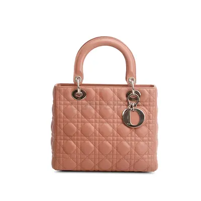 Authentic Christian Dior Pink Cannage Lambskin Leather Medium Lady Dior Bag