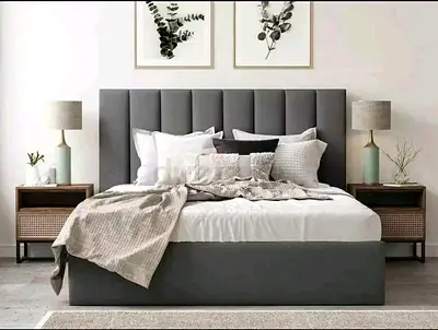 Upholstered King Size Bed with Padded Headboard - Grey