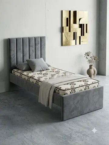 Single Velvet Upholstered Bed Frame with Padded Headboard - Grey