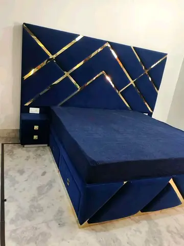 Modern Blue Upholstered Bed Frame with Geometric Headboard (Queen/King)