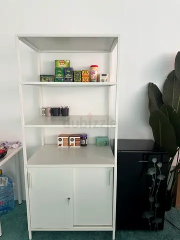 White Storage Cabinet with Shelves and Lockable Cupboard