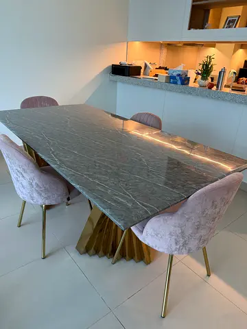 Marble optic top dining table with 4 velvet chairs - like new