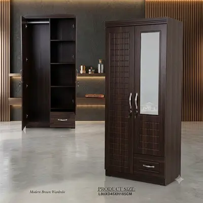 Dark Brown 2-Door Wooden Wardrobe with Mirror  Drawer (L80 x D45 x H185 cm)