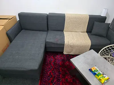 Compact L-shaped Fabric bed Sofa - Dark Grey, Good Condition with storage area