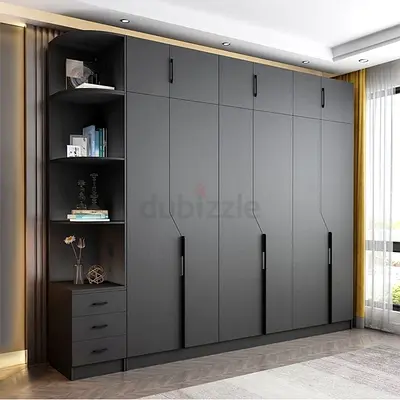 Modern Matte Gray Large Wardrobe with Open Shelves and Drawers