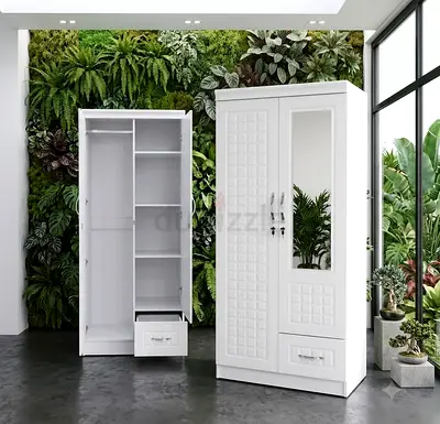 Brand New White 2-Door Wardrobe with Mirror and Drawer