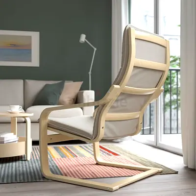 Light wooden lounge armchair with cushioned seat and back