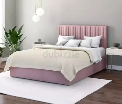 Upholstered Pink Velvet Double Bed with Padded Headboard