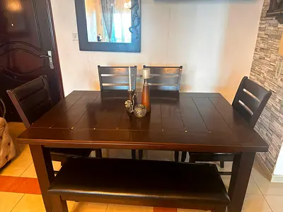 Solid Wood 6-Seater Dining Table with Bench and Chairs - Dark Brown