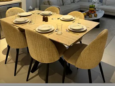 Wooden Dining Table with 6 Upholstered Chairs - Light Oak Finish