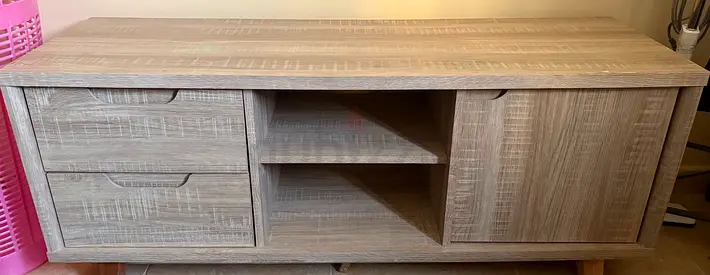 Light wood TV stand with drawers and cabinet - good condition sofa bed single walking pad