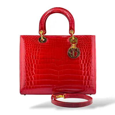 Àuthentic Christian Dior Red Shiny Crocodile Large Lady Dior Tote Bag