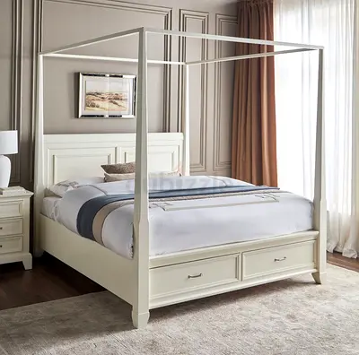 White Four-Poster Queen Bed with Under-Bed Drawers - Solid Frame