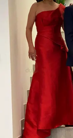 Elegant one-shoulder red evening gown, size likely S/M