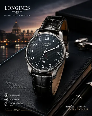 Longines mens wristwatch with black leather strap - classic automatic look