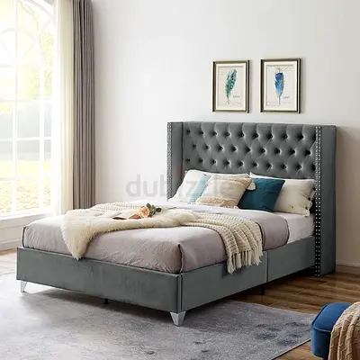 Nailhead trim button tufted queen velvet bed