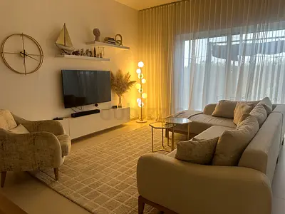 Light beige modern area rug in excellent condition