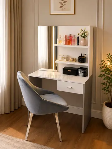 Modern White Dressing Table with Mirror and Shelves
