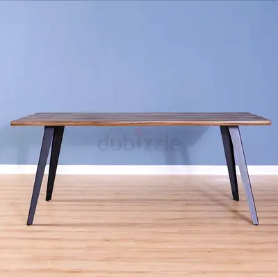 Solid Wood Top Dining Table with Metal Legs - Modern Industrial with 4 leather chairs