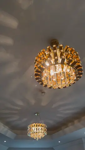 Pair of Elegant Crystal Ceiling Chandeliers - Gold Finish