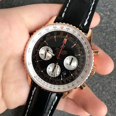 Breitling Navitimer style mens chronograph watch - black dial, leather strap