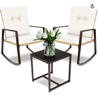 Outdoor Rattan Wicker Rocking Chairs Set with Glass Coffee Table - Grey Cushions