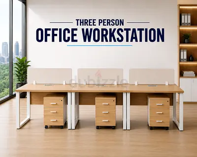 Modern 3 Person Office Workstation – Oak  White Office Desk with Pedestal Drawers