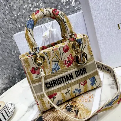 Dior Lady D-Lite Medium Bag In Hibiscus Metallic Thread Embroidery