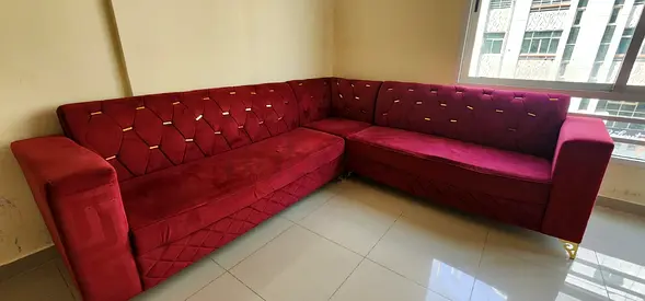 L-shaped Burgundy Velvet Corner Sofa - Good Condition