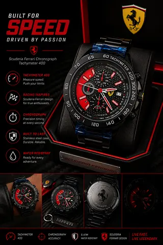 Ferrari Scuderia Chronograph Mens Watch – Black/Red Tachymeter (Used)