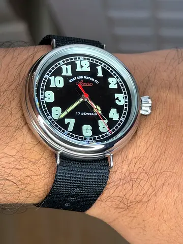 West End Watch Co. Sowar wristwatch featuring a black dial