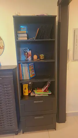 Tall Black Wooden Bookcase with Drawers - Good Condition