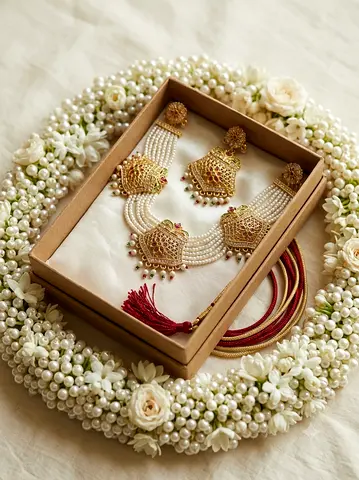 Traditional Gold-Plated Pearl Necklace Set with Matching Earrings