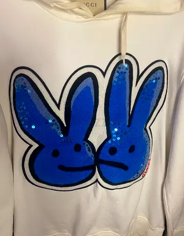 White Gucci Hoodie with Blue Bunny Sequin Graphic - Women’s