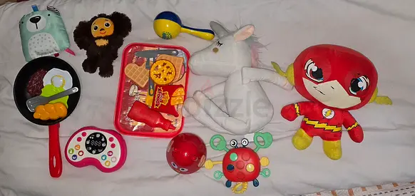 Bundle of Mixed Soft Toys and Pretend Play Accessories for 0-2 age group. Pickup only, from Al Reem.