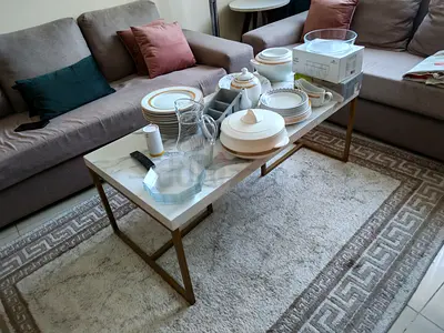 Marble-top Coffee Table with Gold Metal Frame - Modern Rectangular