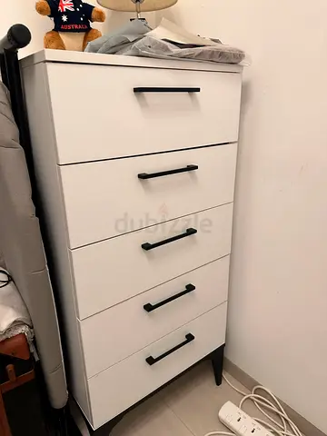 Slim 5-Drawer White Dresser with Black Handles