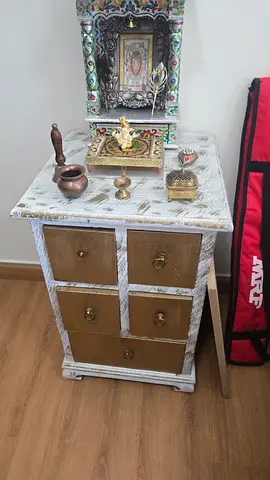 Small Vintage Wooden Chest with Brass Drawer Fronts and Mandir setup